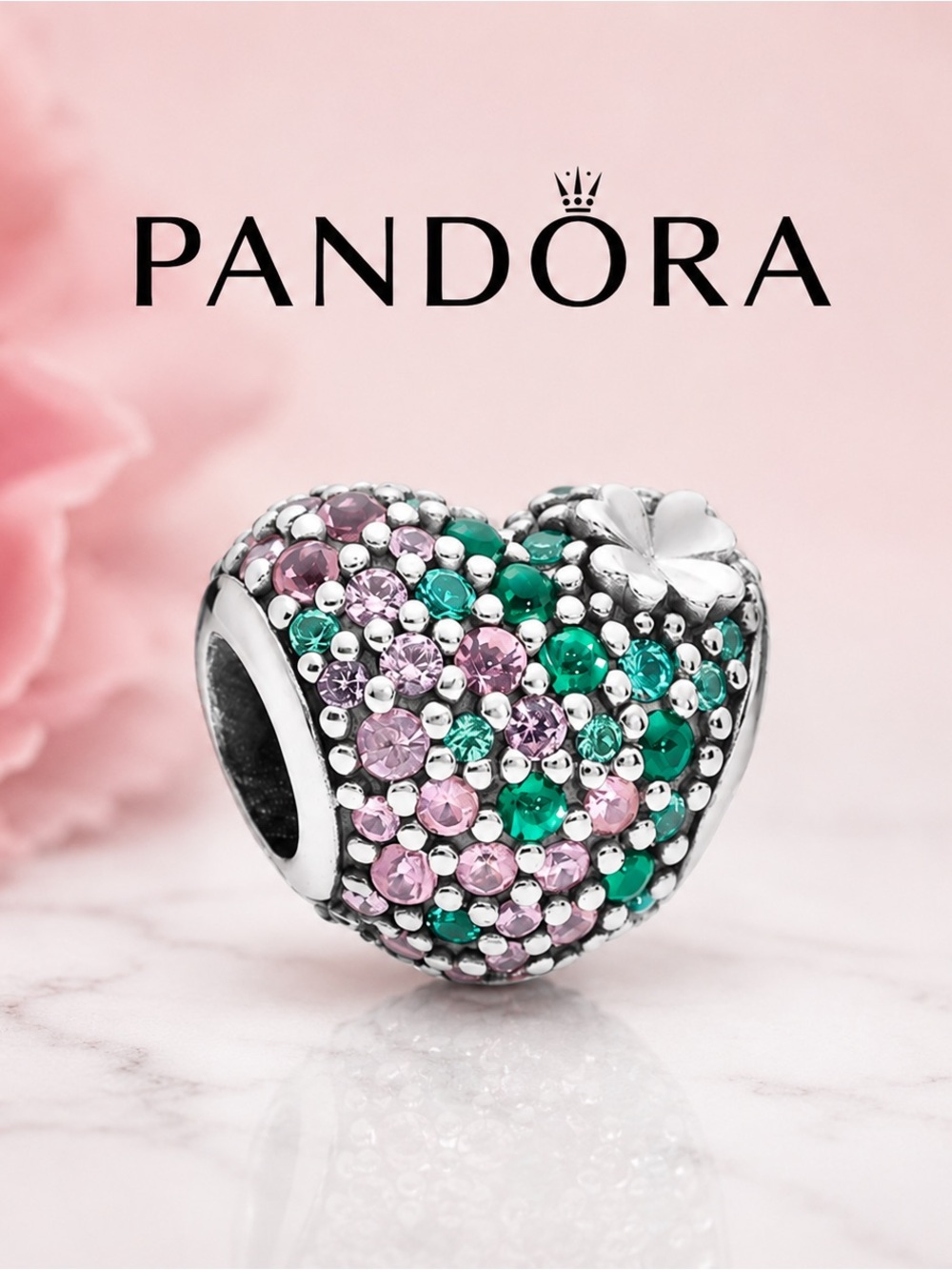 Pandora Authentic Heart Bracelet Charm Sterling Silver Rhinestones Clover EUC